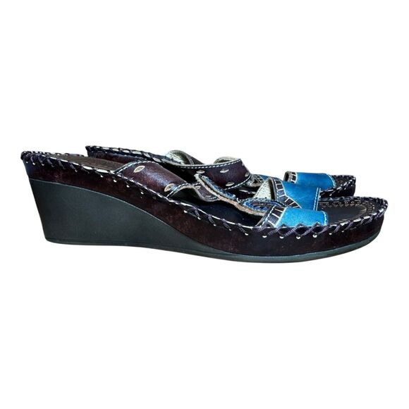 Women’s 38 Spring Step L’Artiste Tamara Leather Wedge Sandals Blue Brown Floral - Picture 5 of 9